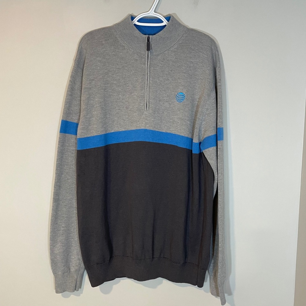 AT&T Mens 2XL Quarter Zip Sweater Grey Blue Colorblock Corporate Pullover Knit